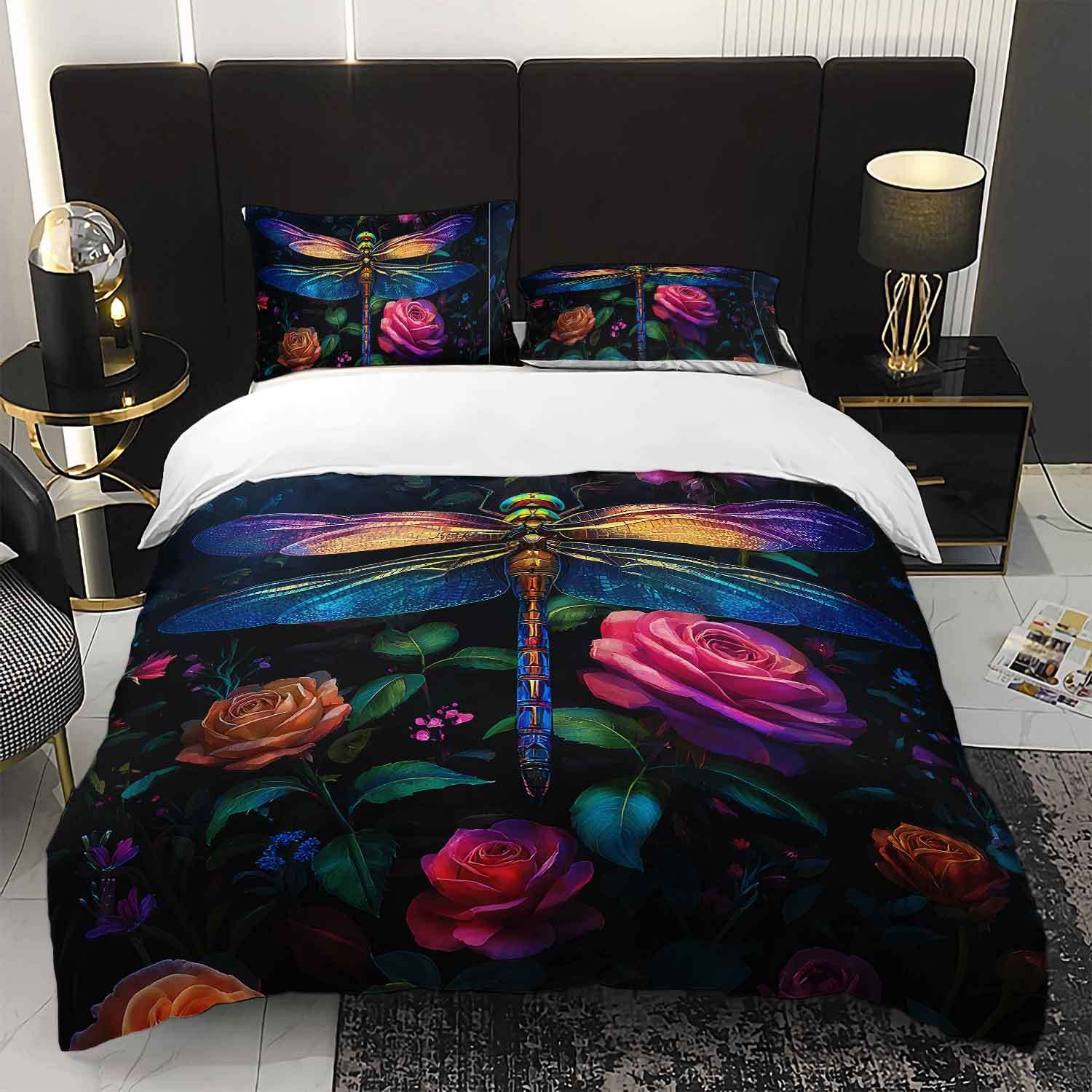 

3Pcs Colorful Dragonfly And Rose Floral Bedding Duvet Cover Set, Featuring A Dragonfly Rose Garden Design. This Floral-Themed Duvet Cover Set&AU Single(140x210cm)