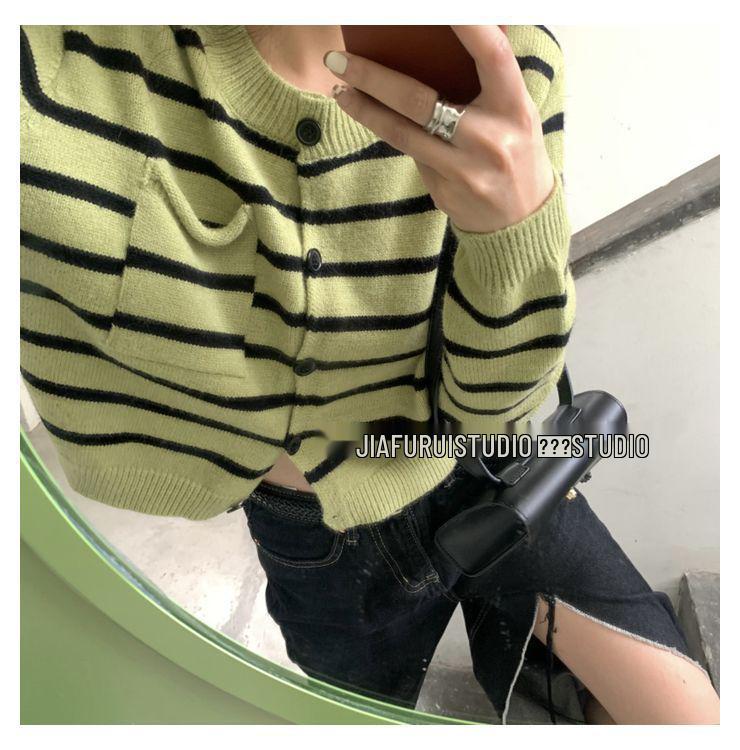 Zelený pruhovaný úplet Dámský retro kardigan - Podzimní ležérní styl, Dlouhý rukáv, Krátký svetrový kabát