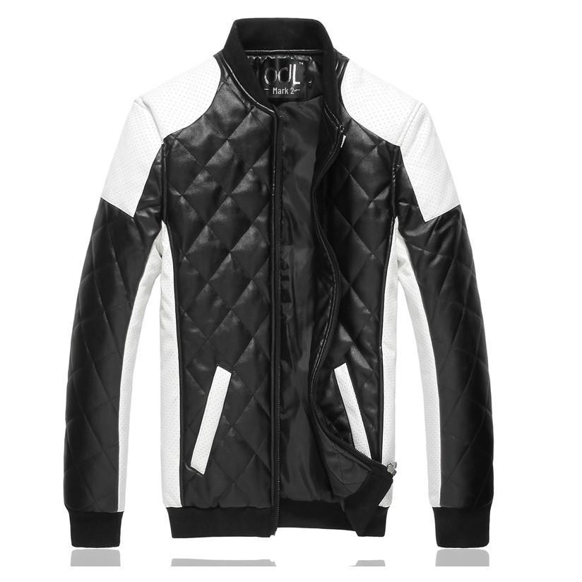 Men's Slim Fit Color Block PU Leather Jacket, 2015 Autumn/Winter Collection, Plus Size, Washed Finish, Stand Collar, British Style.