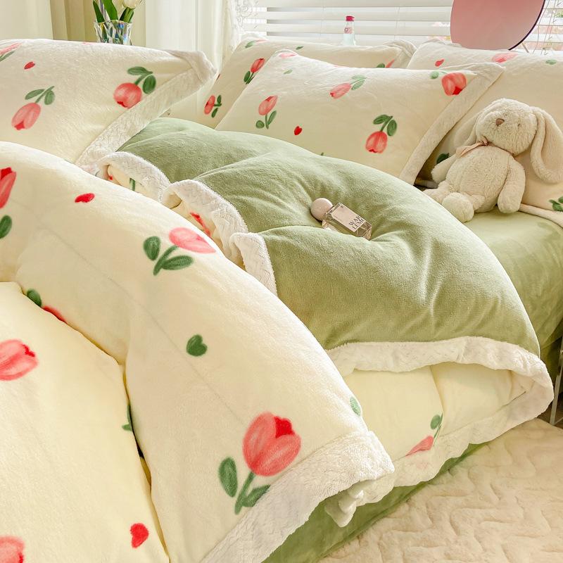 Retro pastoralny styl mleczny czteroczęściowy prześcieradło poszwa na kołdrę pogrubiony ciepły pokrowiec na kołdrę na łóżko koralowy aksamit zimowy trzyczęściowy zestaw