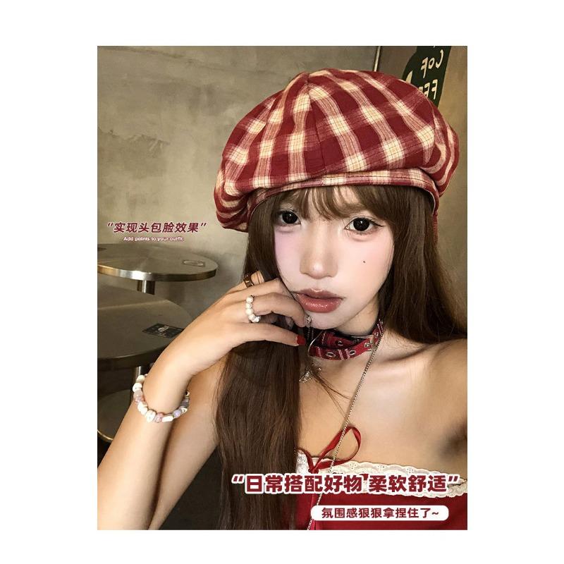 Women S Plaid Beret Hat Large Head Size College Style Japanese Vintage Autumn