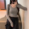 Korean V-neck Crop Top: Spring 2025 Slimming Long-Sleeve Innerwear for Women