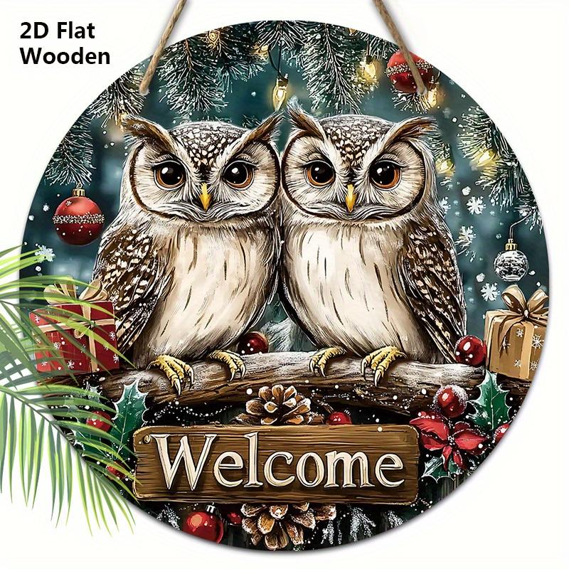

Деревянная рождественская табличка с очаровательным узором пары сов, теплая зимняя приветственная круглая табличка для декора на входную дверь, на стену, идеальное рождественское украшение 20cm/7.87in коричневый