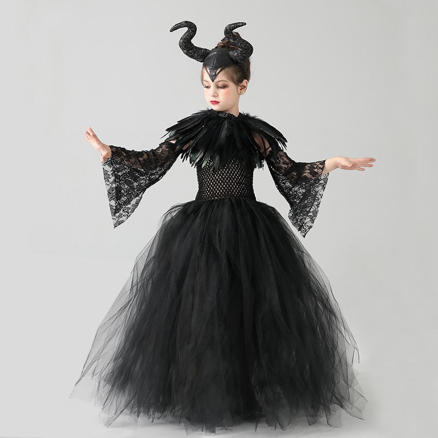 Halloween Maleficents Costume for Girls Evil Queen Dress Up Costumes Witch Devil Black Tulle Mesh Princess Dress Cosplay Clothes