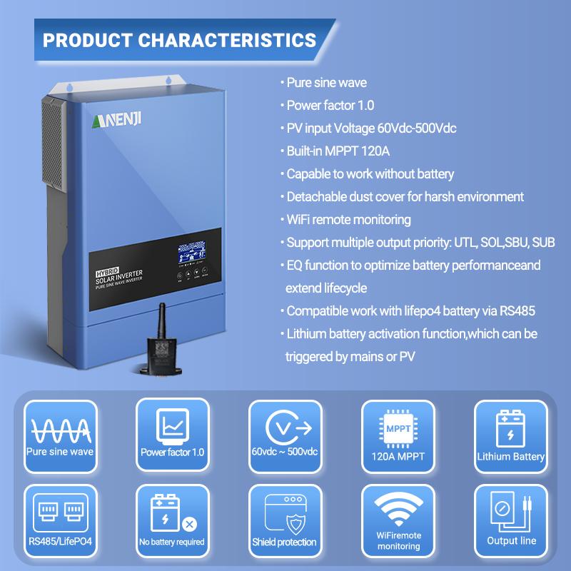ANENJI 11KW 6.2KW 4KW 2KW  Solar Inverter Hybrid 220v Pure Sine Wave Built 160A 120A 100A 60A MPPT Solar Charge Controller