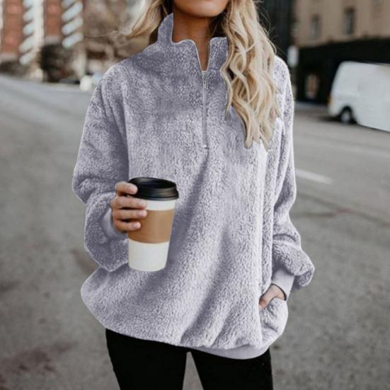 Sweatshirt Coat Long Sleeve Windproof Plush Trendy Turtleneck Zipper Neck Women Fluffy for Home