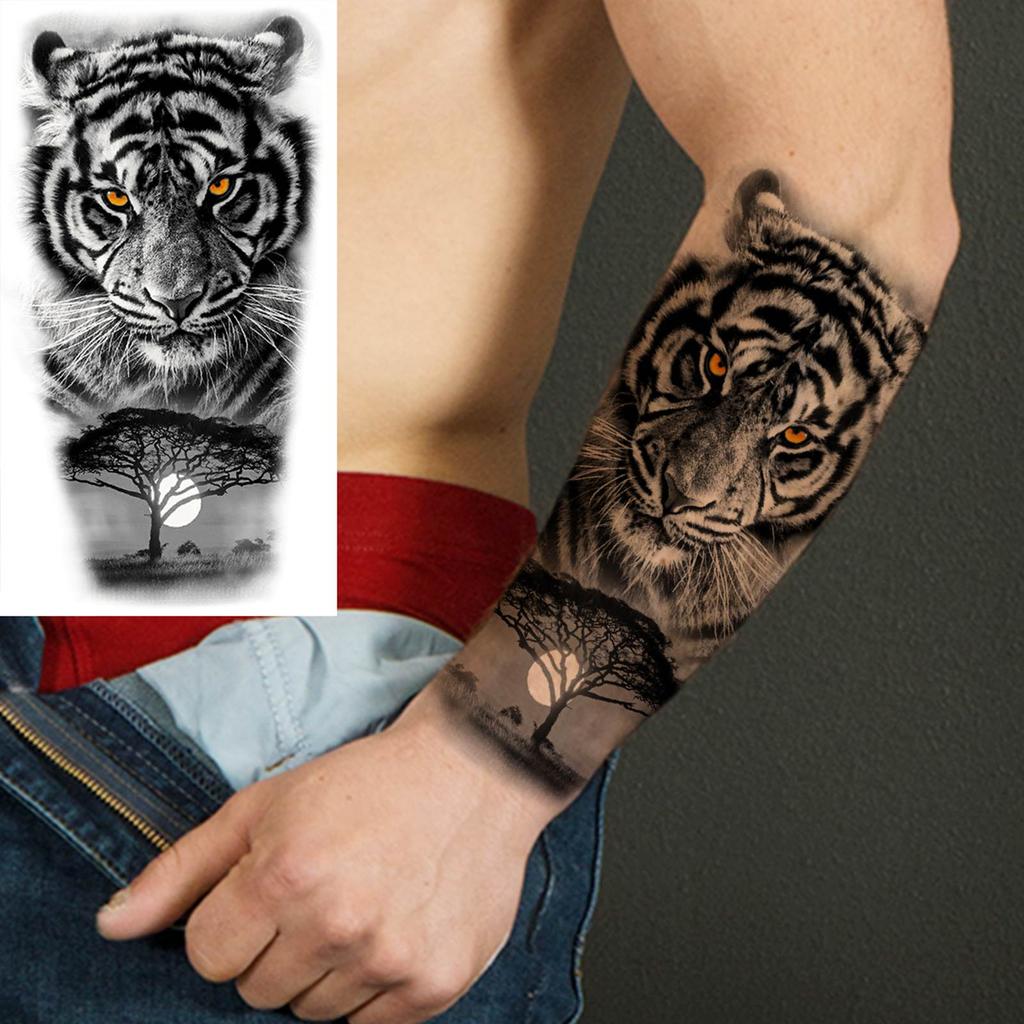 1 Sheet Lion Wolf Skeleton Nun Tiger Black Temporary Tattoos For Men Adult Leg Arm Compass Flower Fake Tattoo Sticker Waterproof