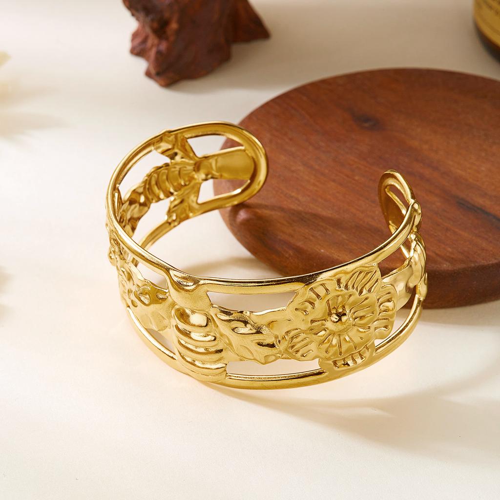 Vintage Flower Stainless Steel Cuff Bracelet for Women Exaggerated Floral Open Wide Bangle Summer Party Jewelry Gift