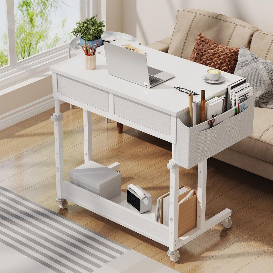 White Portable Rolling Standing Desk with Drawers, 32 Inch Adjustable Mobile Stand Up Teacher Desks with Wheels, Couch Sofa Side