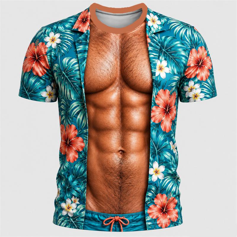 Divertente T-shirt 3D a Maniche Corte con Addominali e Peli sul Petto, Estate Spiaggia Vacanza Novità Festa Famiglia Outfit Genitore-Figlio