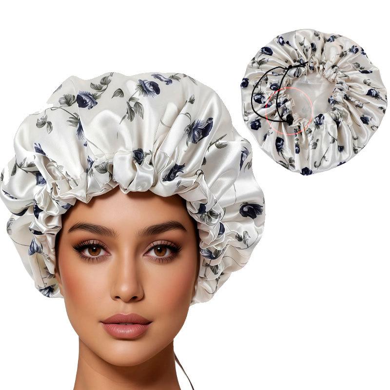 Floral Print Double Sided Satin Shower Cap Adjustable Silky Hair Bonnet for Women Bath Spa Swimming Hair Care