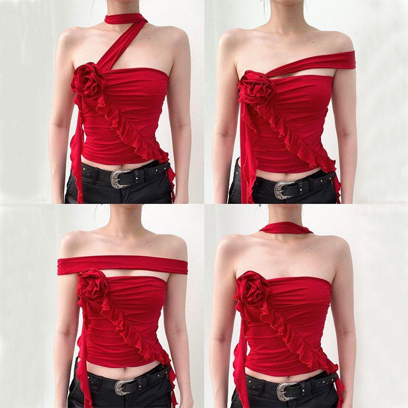 

Three-Dimensional Halterneck Ruched Autumn Stylish Suspender Flowers Red S