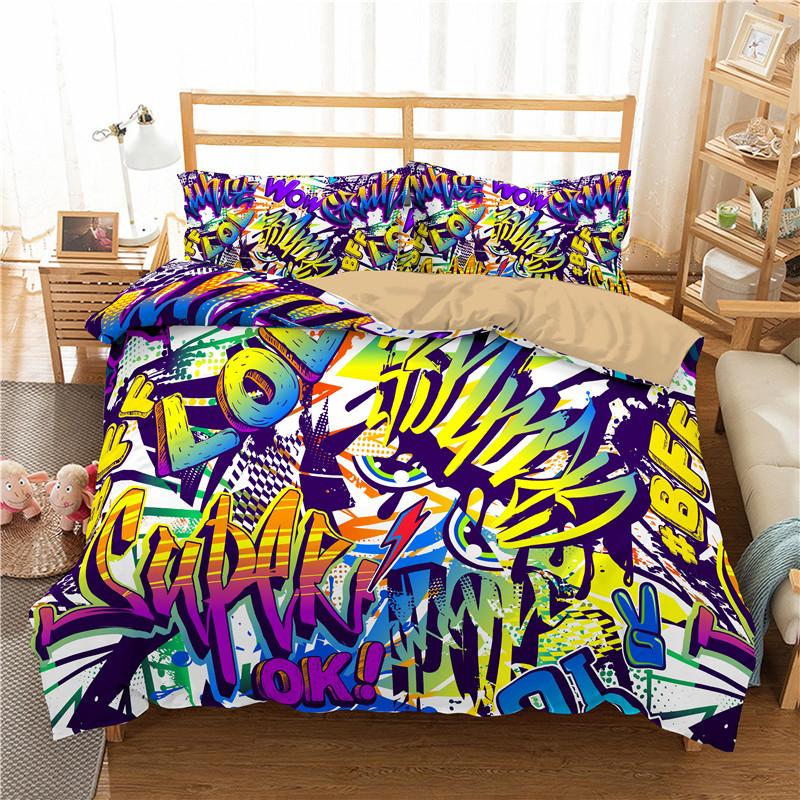 Urban Graffiti Duvet Cover Set Blockbuster Style Graffiti Sprayed Overlapping Blocky Letters Street Art Bedding Set Pillowcases