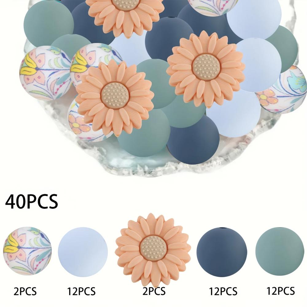 

40PCS daisy printed silicone bead set, perfect for DIY handmade crafts such as keychains, necklaces, bracelets, etc