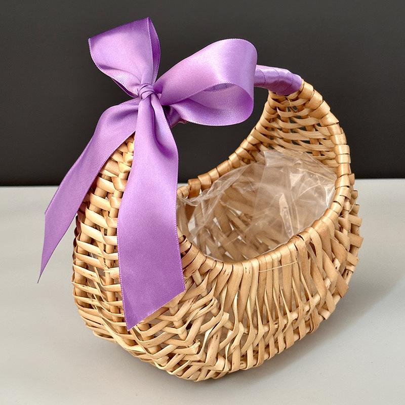 Bohemian Wicker Flower Basket with Handle & Waterproof Lining, Compact Lightweight Multifunctional Basket for Wedding Home Decor