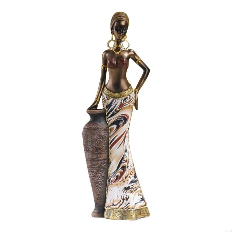 62KD African Woman Statue Retro Exotic Tribal Lady Desktop Ornament Resins Sculpture