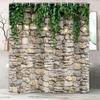 Stone Brick Wall Shower Curtain, Green Leaves Shower Curtain Set for Bathroom, Vintage 3D Vine with Lights Fabric Shower Curtain Restroom Bathtub