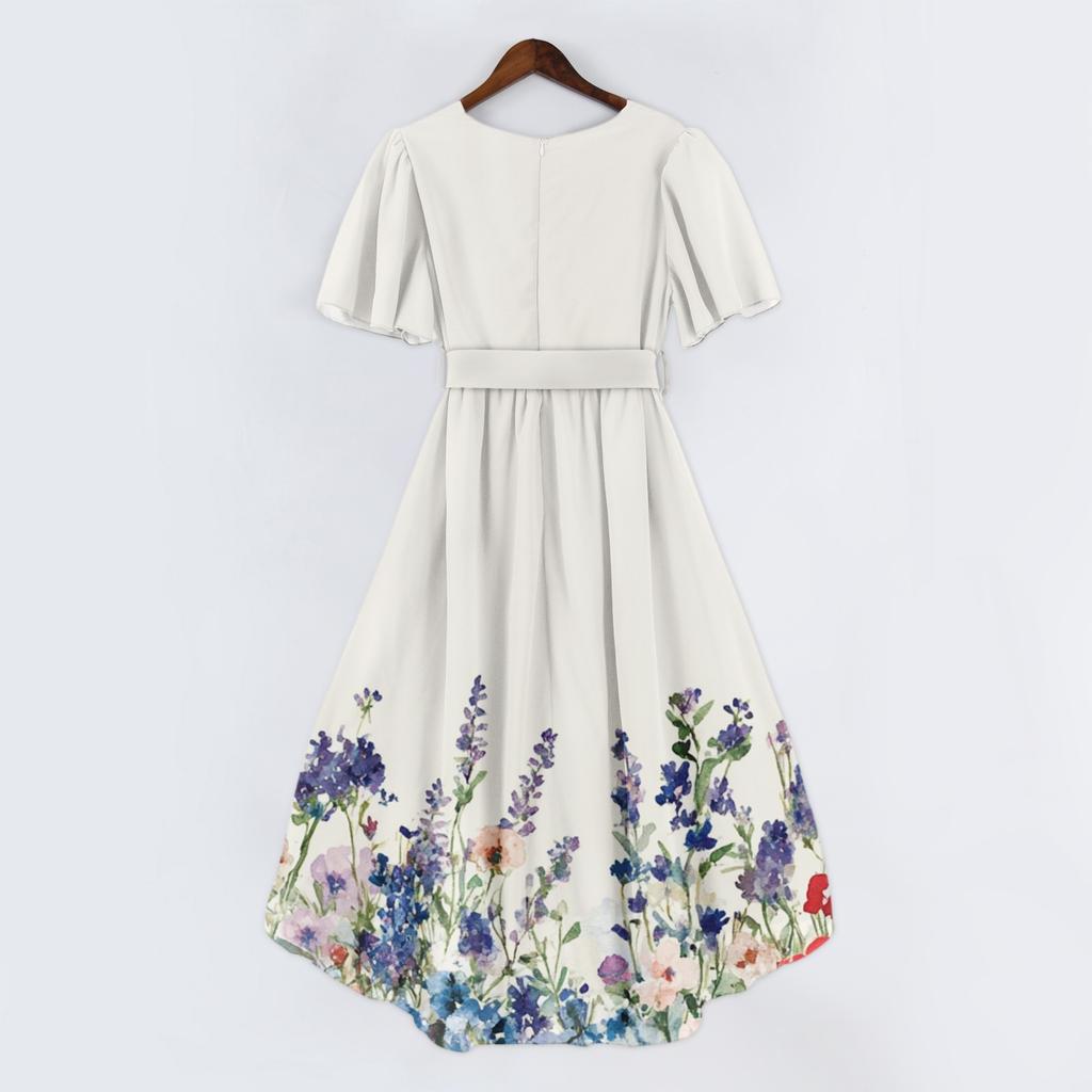 Robe Femme Mode Décontractée Col V Manches Courtes Volantée Imprimé Vintage