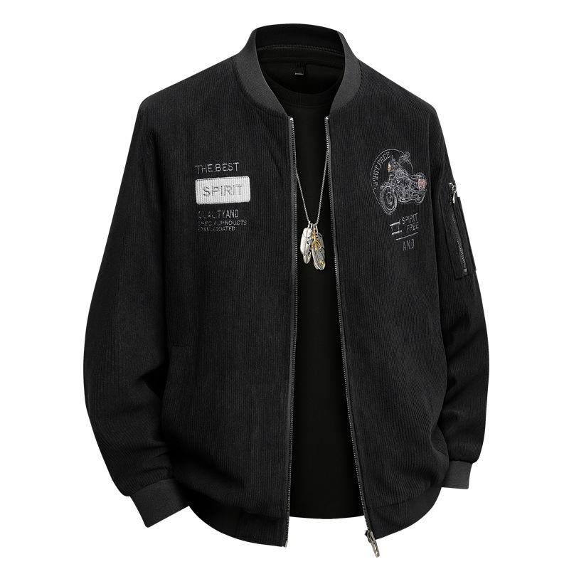 Spring Plus Size Jacket Men's Spring and Autumn Hong Kong Style Men's Printed Corduroy Jacket Plus Size Loose Baseball Collar Jacket