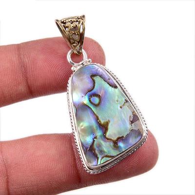 Natural Abalone Shell Gemstone 925 Solid Sterling Silver Jewelry Pendant 2" a9U61