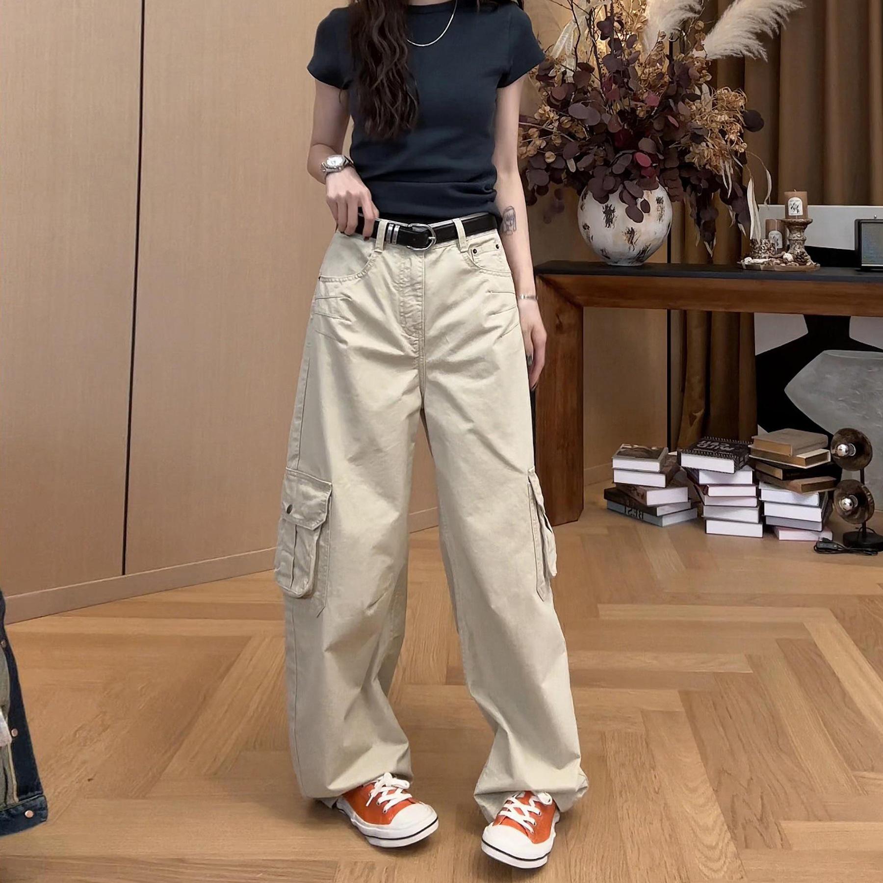 

2026 Spring 3D Cut Large Pocket High Waist Slimming Scissor Leg Floor-Length Plus Size Women s Workwear Jeans XL хаки