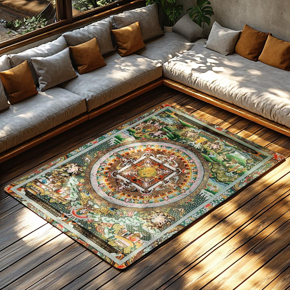 Tibetan Mandala Area Rug Intricate Buddhist Art Floor Mat Spiritual Home Decor Meditation Room Carpet Zen Design Detailed Patter