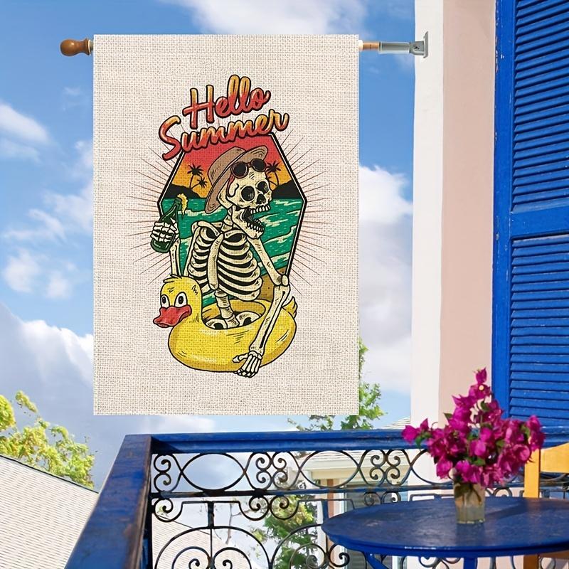 1 pz Bandiera da Giardino Estiva Segnali Piscina Teschio Scheletro Decorazioni Piscina Esterno Festa in Spiaggia Verticale Bifacciale Segno da Giardino 12,5 x 18 Pollici