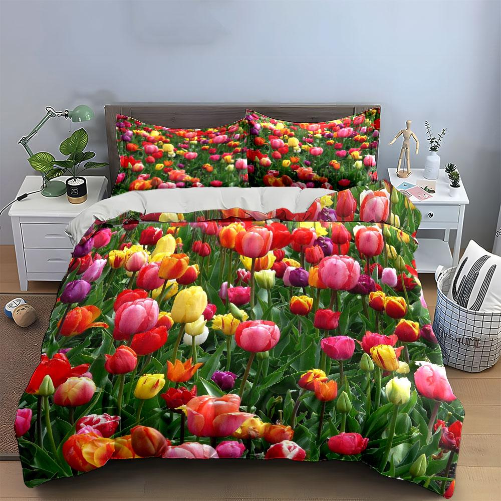 Colorful Tulip Garden Set Multiple Sizes Kid'S And Adults' Bedroom Exquisite 3Pc Bedding Set, Gift