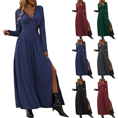 Women's Dress Solid Color V-Neck Long Sleeve Casual Temperament Split Slimming Dress