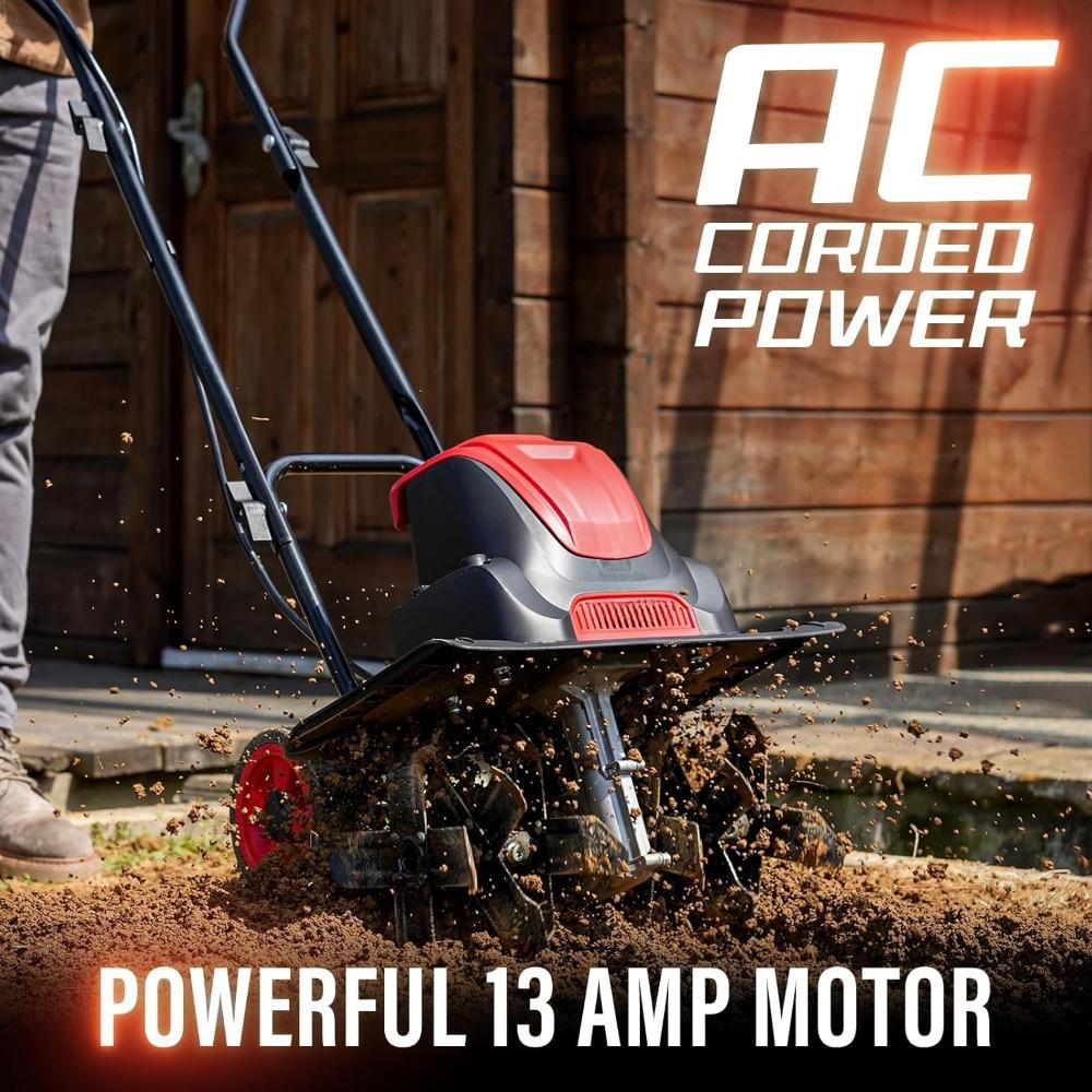 16-Inch 13-Amp Corded Electric Tiller/Cultivator, 8-inch Tillling Depth with Adjustable Wheels, Foldable Electric Rototiller