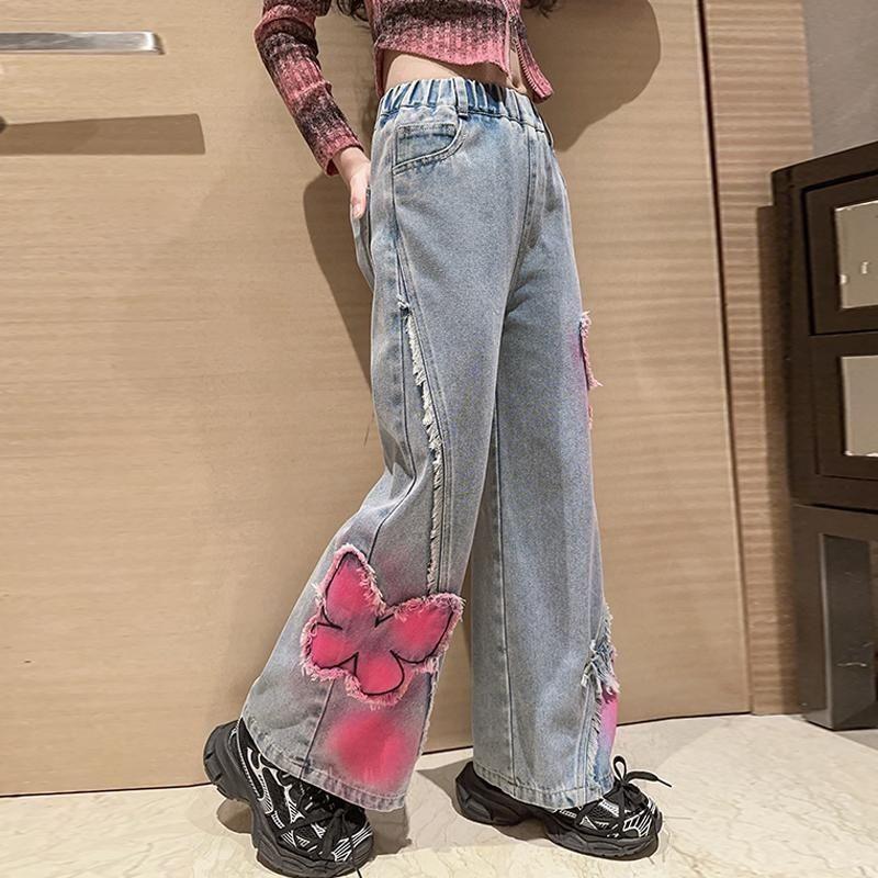 Girls Fashion Spray-Painting Butterfly Denim Wide Leg Pants High Waist Korea Style Long Jeans Teens Trousers