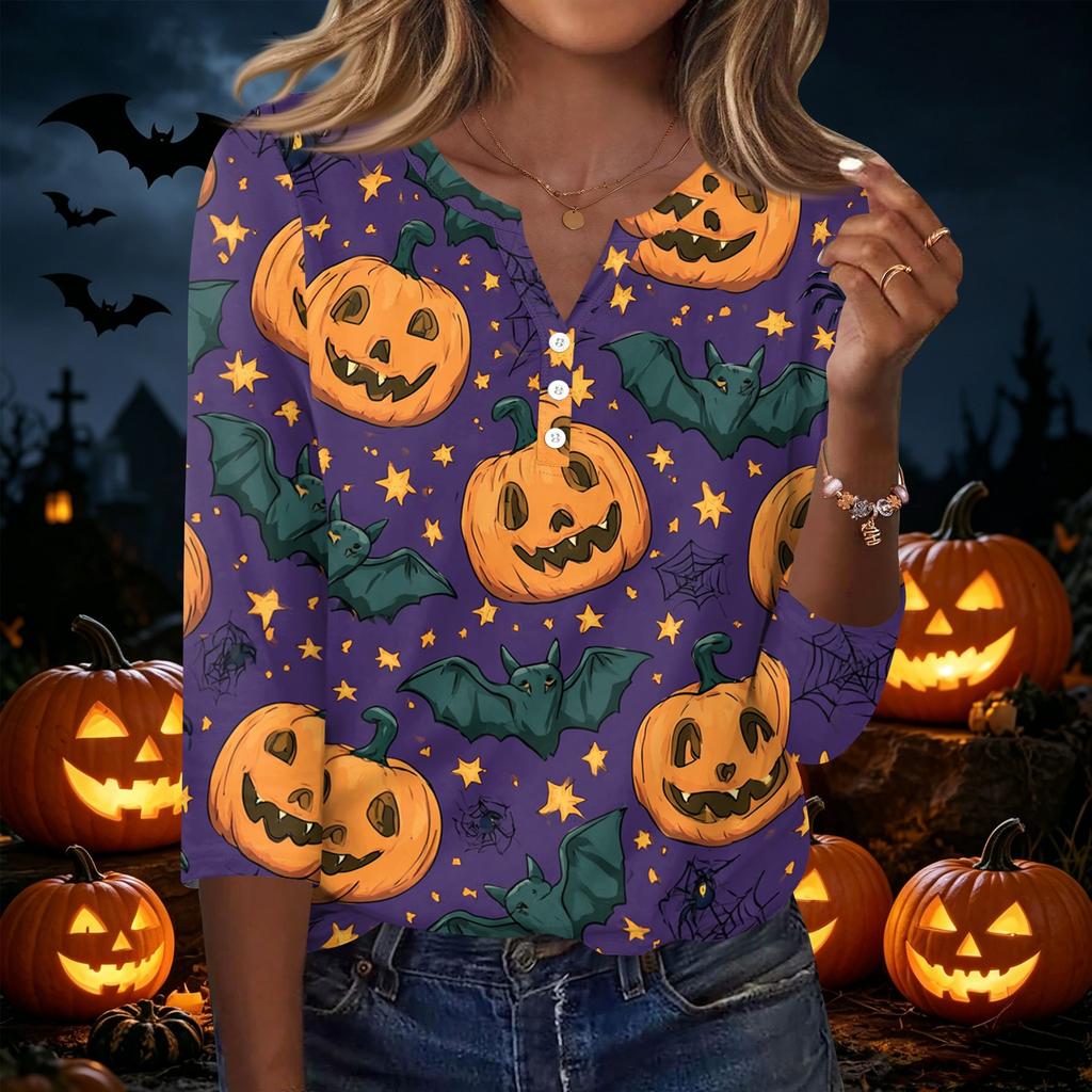 Women's Casual V Neck Button Front Halloween Print T Shirt Three Quarter Sleeve Top Lightweight Soft Fabric Comfortable Fit