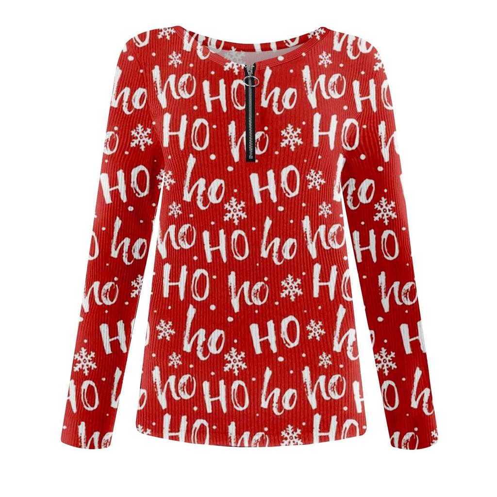 Women's Casual Pullover U-neck Zipper Printed Sweater Christmas Long Sleeve T-shirt
