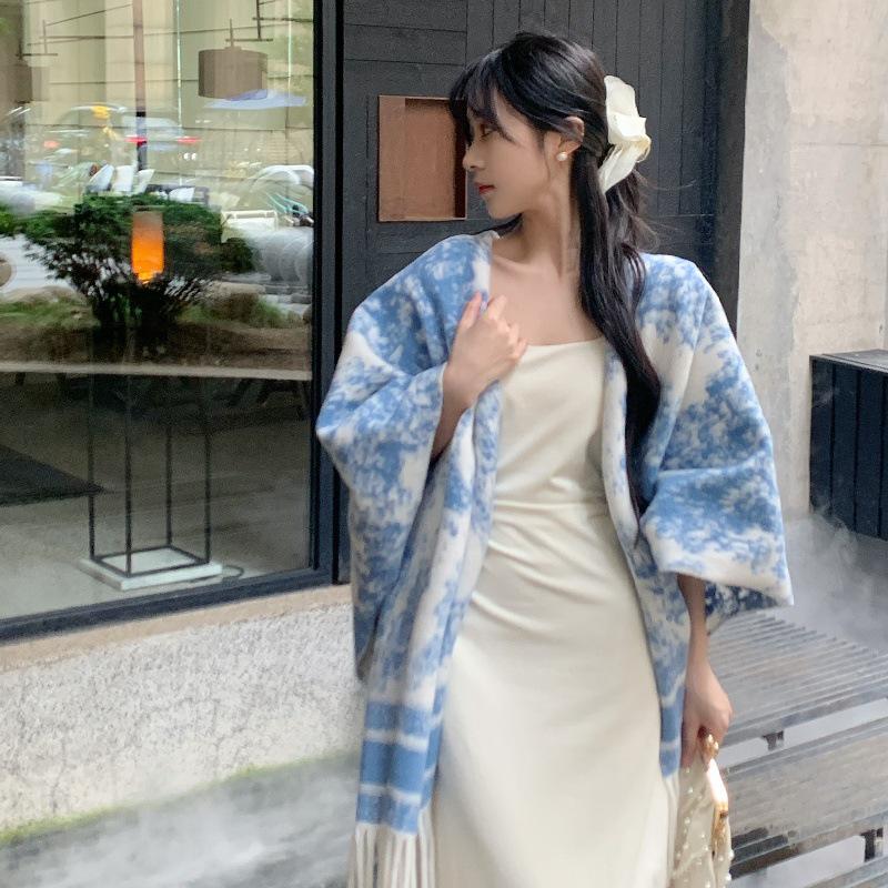 Korean Style Plaid Shawl Coat - Women's Spring/Autumn Cashmere-Feel Tassel Cloak