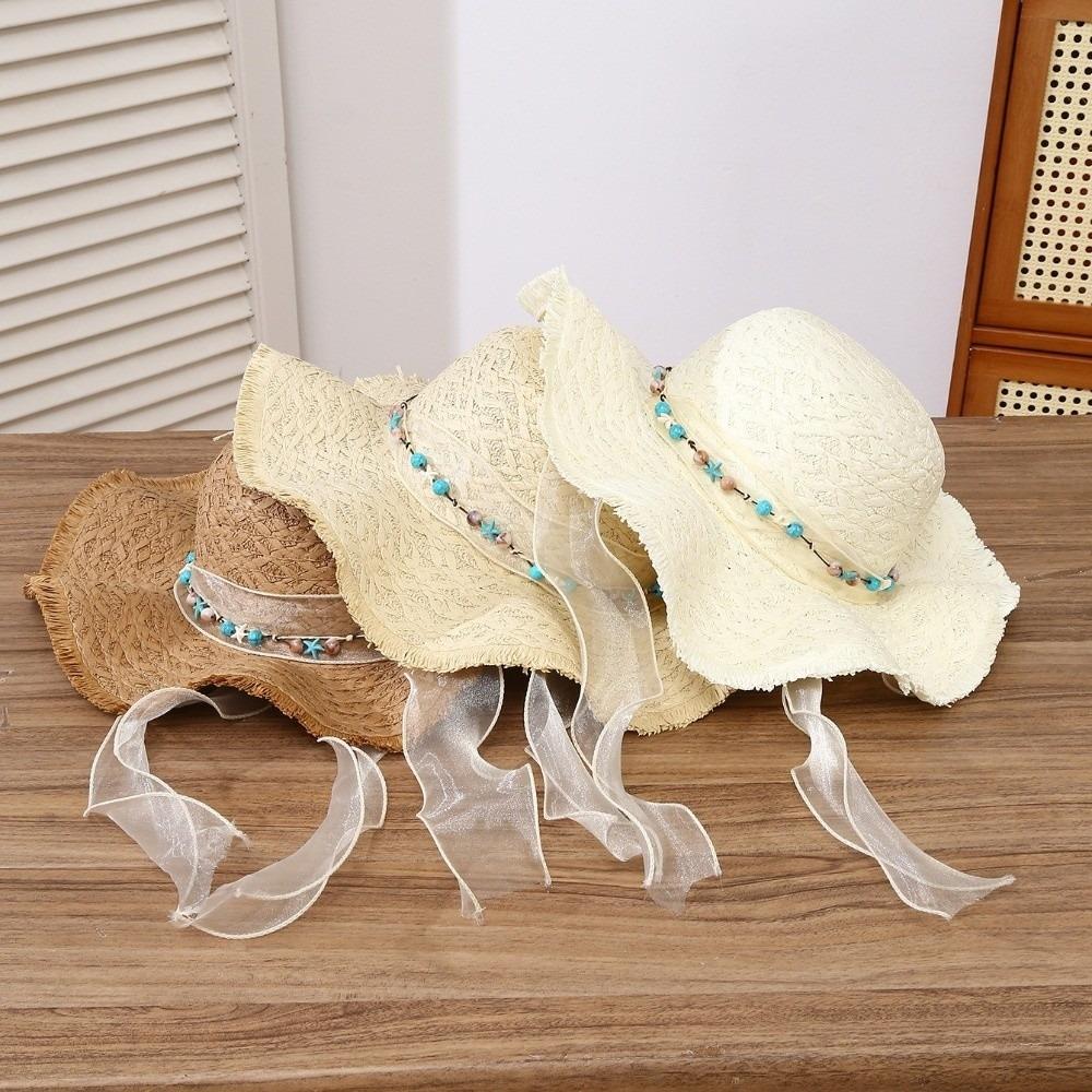 Breathable Big Brimmed Straw Hat with Turquoise Woven Sun Cap Vacation Beach Cap  Performances