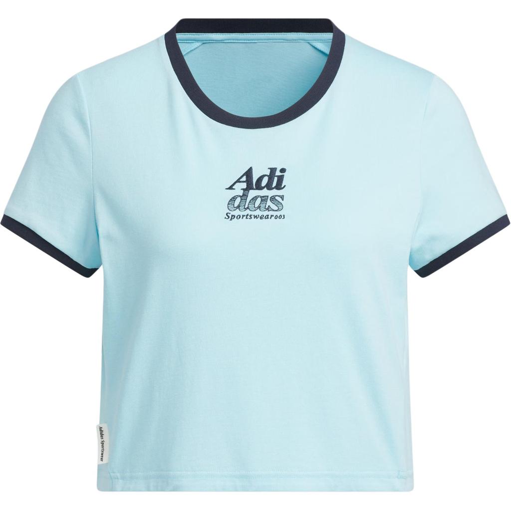 Adidas Small Logo T-Shirt Minimalist Letter Sports Casual Round Neck Short Sleeve T-Shirt Women Tops Blue JI6871