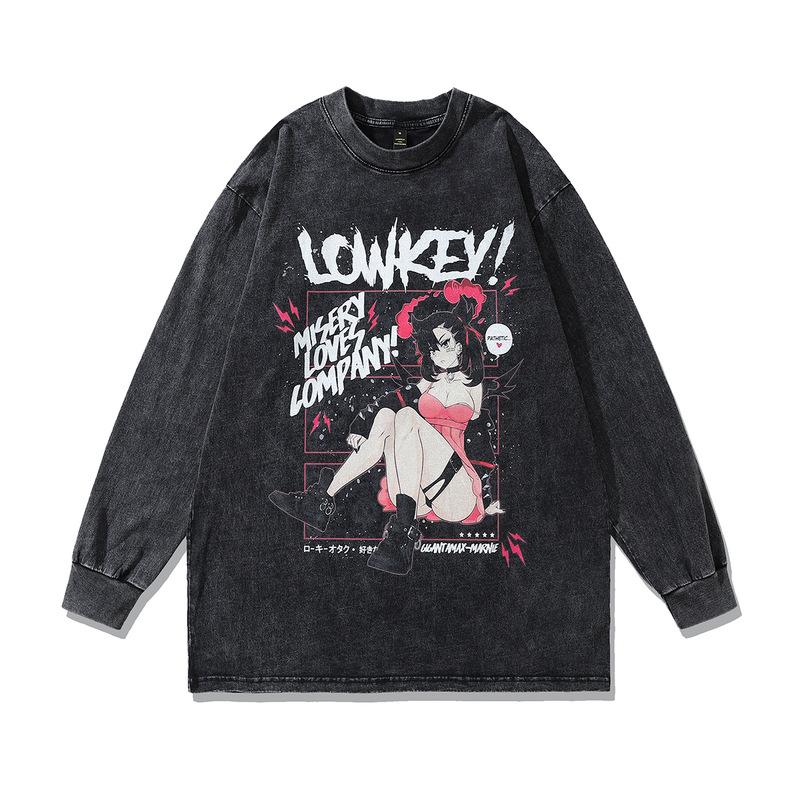 Heavy Weight Cotton Long-Sleeved T-Shirt For Men And Women, Dark Cartoon Print Fried Color, Retro Bottoming Pullover Sweater