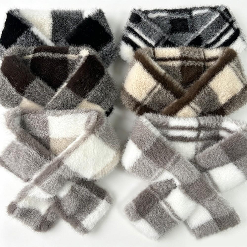 Faux Fur Winter Scarf Hat Plaid Fluffy Bucket Hat New Mink Wool Scarf Women