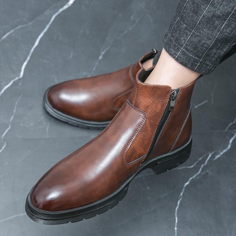 British Style Men Leather Boot 2025 Green Pointed-toe Ankle Boots Man Zip High Top Dress Boots for Man botas para hombre cuero