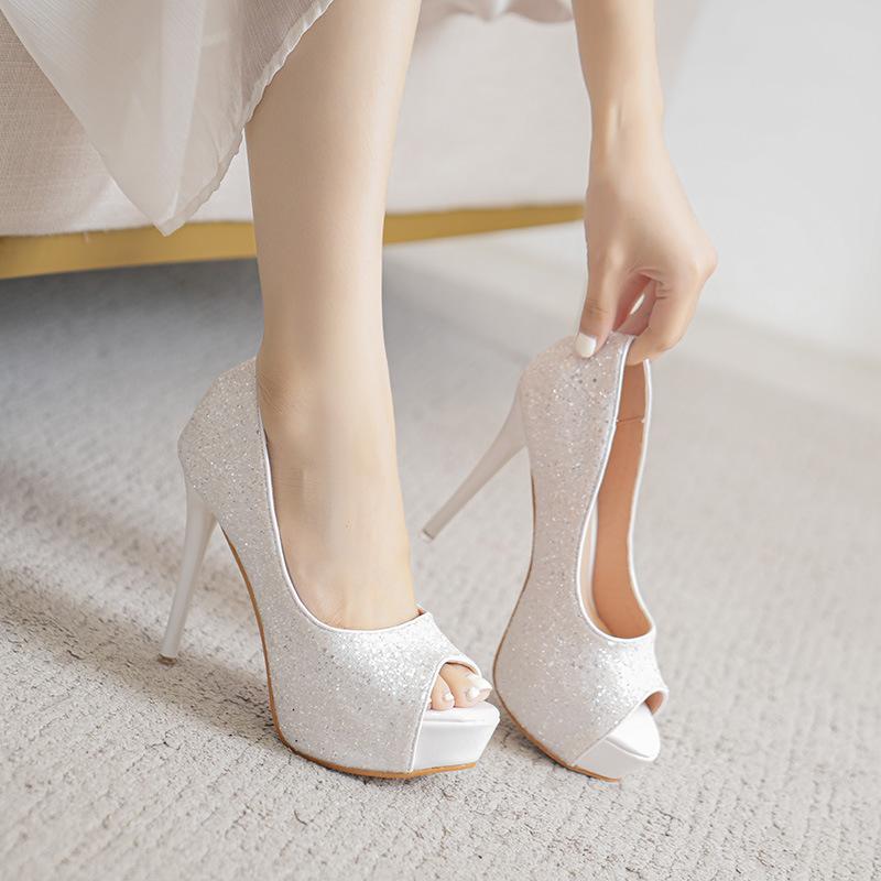 

Мода Новые Роскошные Женские Туфли-лодочки с Открытым Носком Летние Тонкие Каблуки Водонепроницаемая Платформа Модные Белые Туфли на Высоком Каблуке с Пайетками Женская Обувь 37 белый