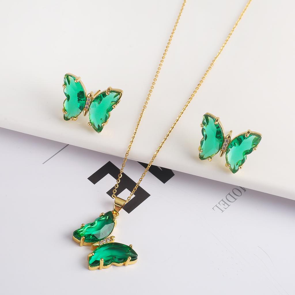 2PC Crystal Transparent Butterfly Pendant Necklace Earrings Jewelry Set Women's Luxury Gold Plated High Quality Gift