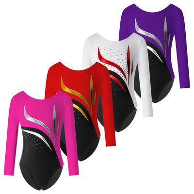 Girls Long Sleeve Round Neck Shiny Rhinestone Decorated Slim Fit Dance Leotard Stylish Performance Wear