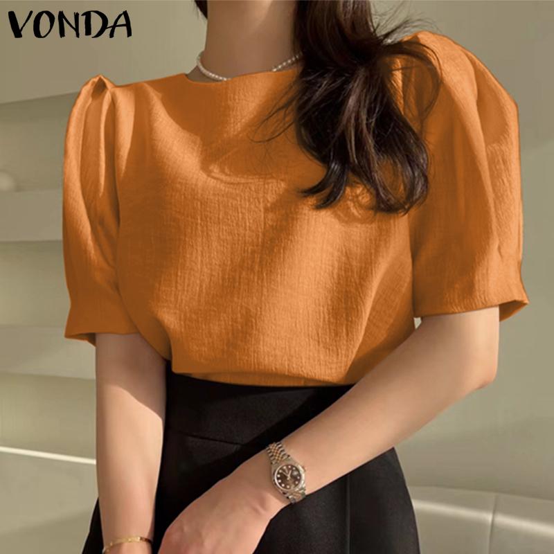 

VONDA Женщины Короткий пухлый рукав Экипаж Шея Блузка Футболки Летние Повседневные Сплошные Цвета Топы Плюс Размер