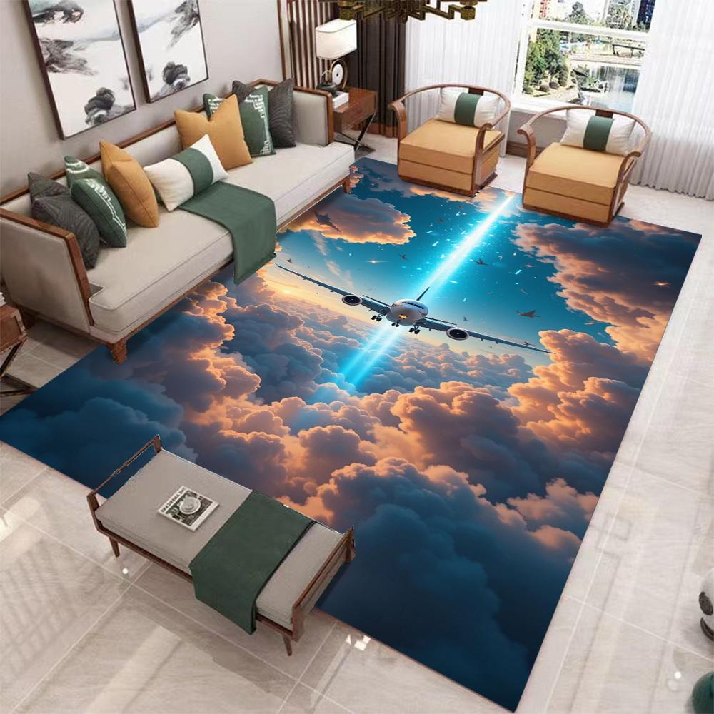 3D Aviation Theme Living Room Carpet Non Slip Indoor Rug Home Decor Mat Dirt Resistant Foot Mat for Bedroom Entrance