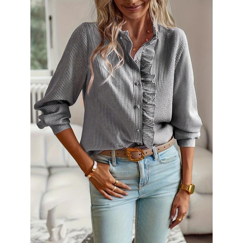 Women's Shirt Spring Long Sleeve Tops Stand Collar Striped Loose Office Women's Blouse Elegant Button Up Solid Color Casual Simple Ladies White Shirts