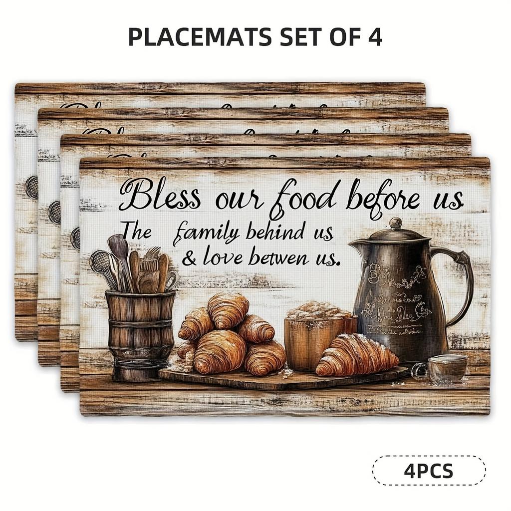 4 Stück "Bless Our Food" Leinen-Tischsets - 12x18 Zoll, Rustikales Holzdesign mit Kaffeekanne, Croissants & Besteck, Perfekt für Familientreffen & Gemütlichkeit