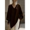 Women's V Neck Long Sleeve Knit Top Loose Fit Casual Mid Length Sweater Solid Cashmere Blend Jumper