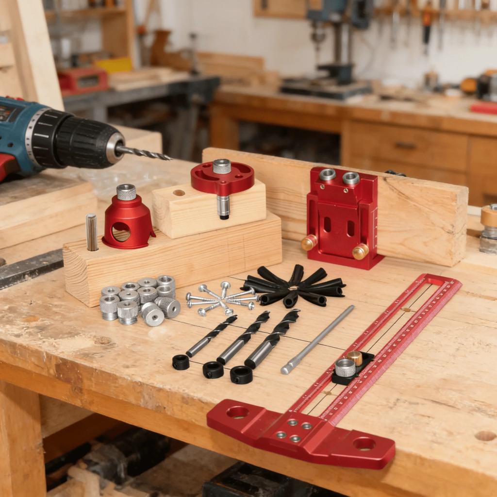 Woodworking Jig Kit - Straight Hole Drilling, 15° Pocket Hole Drilling, Self-Centering Drilling, for Wood Board Joining Assembly