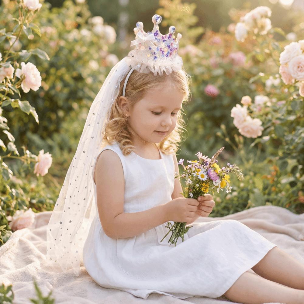 Sweet Princess Crown Veil Pink White Hair Accessories New Sparkly Tulle Headbands Girl