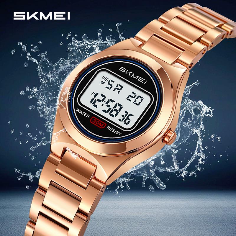 Shíkèměi 2334 Multifunktionale LED-Elektronikuhr für Damen mit Stahlarmband